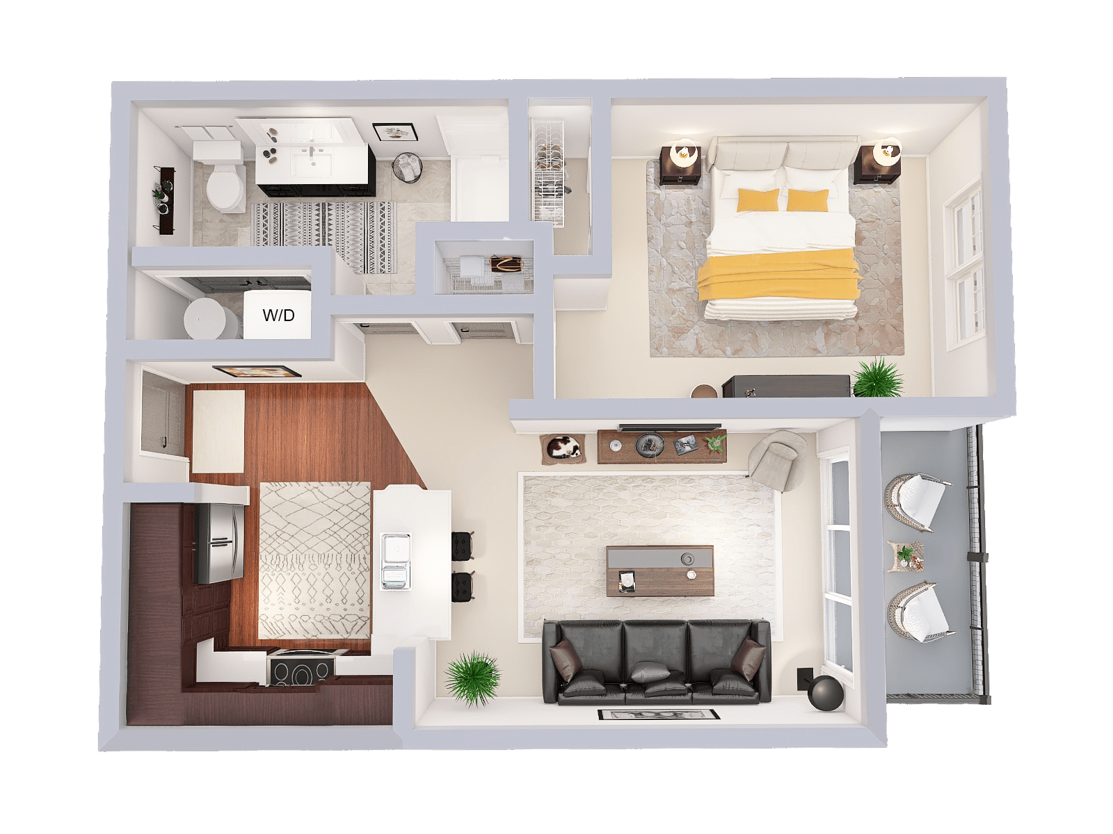 Floor plan for 1 bed, 1 bath, 734 sqft